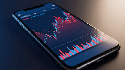 Smartphone displaying financial data chart, showcasing stock market trends and analysis. Concept of investment strategy, trading analytics, or financial technology.