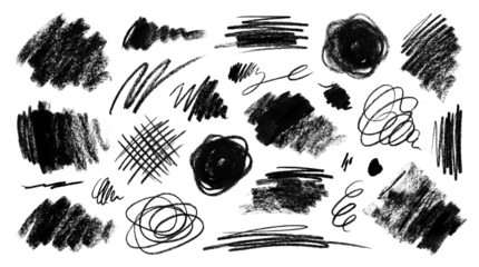 A comprehensive collection of hand-drawn black pencil scribbles, messy charcoal scrawls, and expressive graphite texture shapes isolated on a transparent background for artistic overlays, grunge desig