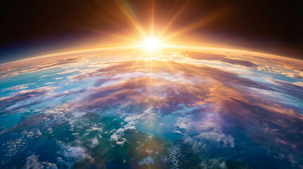 Sunrise over Earth with vibrant clouds and atmosphere creating a breathtaking view from space. Concept of exploration, nature's beauty, and environmental awareness.