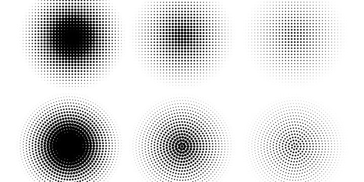 Set of halftone dots pattern texture isolated on white background. Dotted spots using halftone circle dot raster texture collection. Vector half tone collection.
