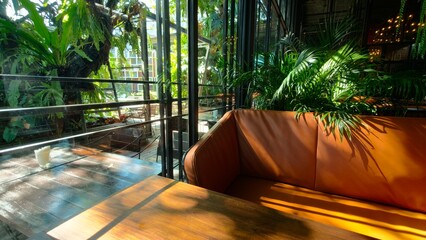 Coffee shop interior with coffee table and plants,The luxury cafe in Thailand