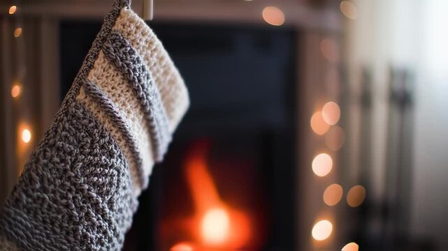 A crocheted Christmas stocking hangs by a fireplace, featuring a grey and cream striped pattern