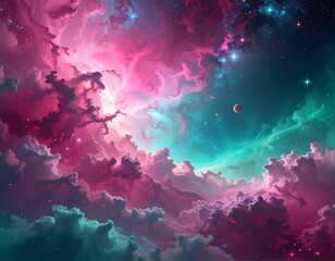 Vivid cosmic scene, swirling nebula hues of pink, teal, and magenta