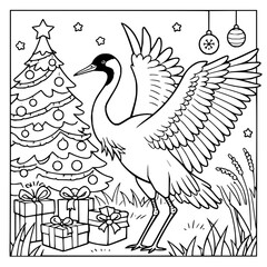 Fototapeta premium Cranes Spreading Wings Near Christmas Tree with Gifts in Festive Scene with crane and holiday decorations and coloring page in nature wildlife for winter