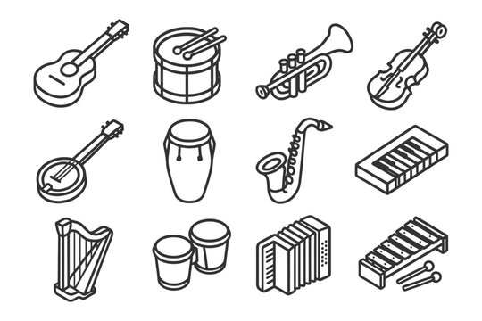 Outline icons of musical instruments including violin, trumpet, saxophone, and drum set.
