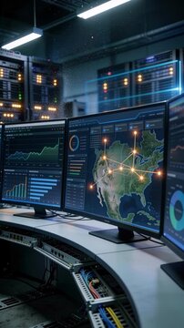 A data center network server room cyber security digital map monitoring control room analytic dashboard technology infrastructure modern monitoring analytic control room network server cybersecurity