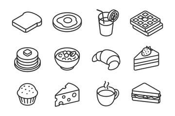 Line art breakfast icons: toast, egg, juice, waffle, pancakes, cereal, croissant, cake, muffin, cheese, coffee, sandwich.