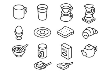 Outline icons of breakfast foods and beverages for morning meals.