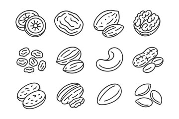 Obraz premium Collection of hand-drawn nut icons: cashews, peanuts, walnuts, pecans, almonds, seeds.