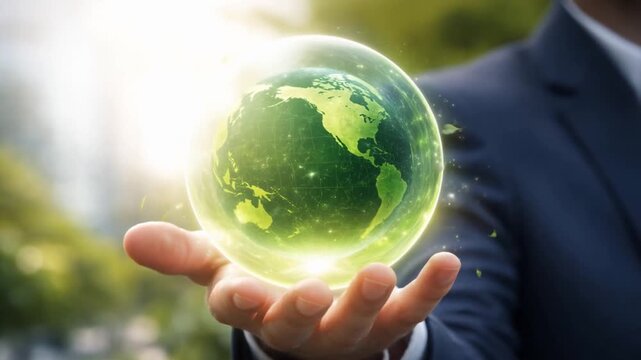 Strategic planning vision sustainability concept. A hand holding a glowing globe with a map of the world and leaves.