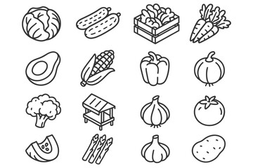 Assorted vegetable line icons featuring avocado, corn, carrots, and more.