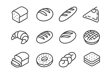 Assorted bread and pastry icons - line art collection of loaves, croissants, donuts, and sandwiches.