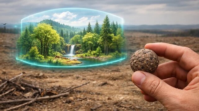 Strategic planning vision sustainability concept. Imaginary forest scene over a deforested area with a seed in hand.