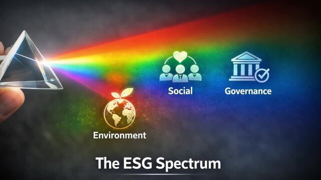 Strategic planning vision sustainability concept. Hand holding a prism dispersing light into ESG categories.