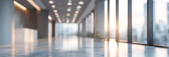 Fototapeta premium A blurred view of a modern office hallway with large windows and shiny marble flooring indoors