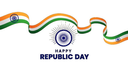 Republic Day patriotic design featuring Ashoka chakra with flowing Indian tricolor ribbon for national pride celebration poster background illustration