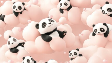 Adorable pandas nestled in fluffy pink clouds with hearts.