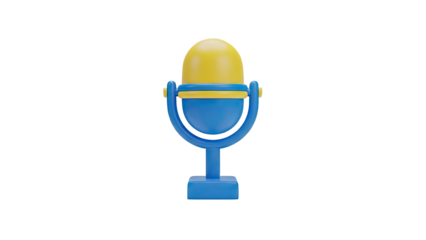 3D cartoon microphone icon in blue and yellow on transparent background