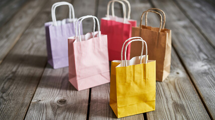Colorful paper bags on wooden surface