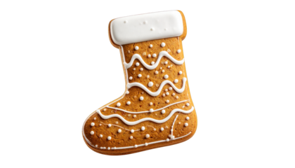 Gingerbread cookie shaped like a Christmas stocking, detailed with frosting