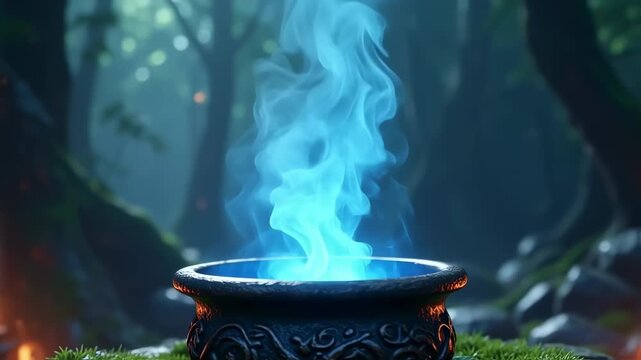 A dark forest scene with a cauldron emitting magical, swirling blue smoke