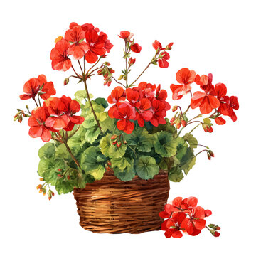 Geranium Basket, watercolor painting, vector illustration, isolated on a white background.