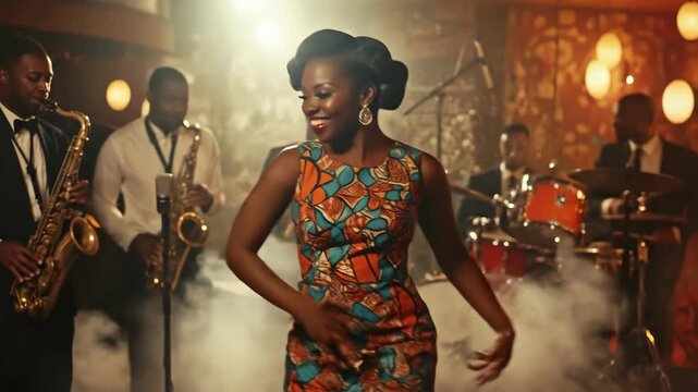 A female performer wearing a patterned dress enjoys a dance in front of a live jazz band. The style evokes the Jazz Age, with period costumes and smoky atmosphere