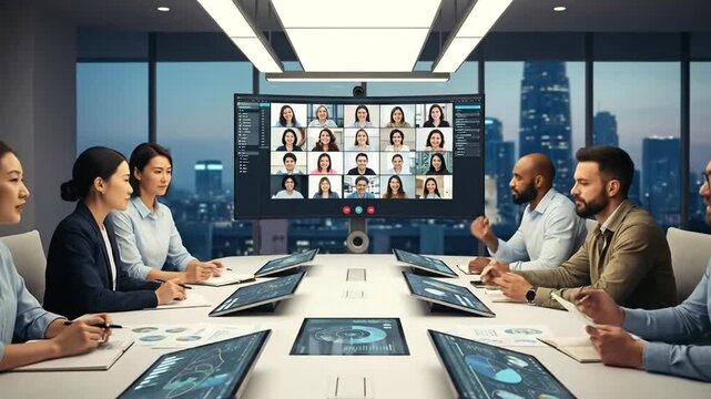 Diverse business team having a video conference call in modern office with city view.
