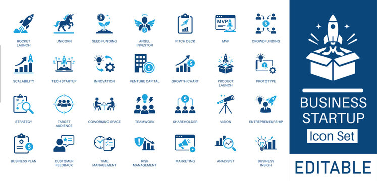 Business Startup and Entrepreneurship solid icon set. Includes symbols for Rocket Launch, Pitch Deck, Seed Funding, and Unicorn. Solid vector icons for business plan and innovation.