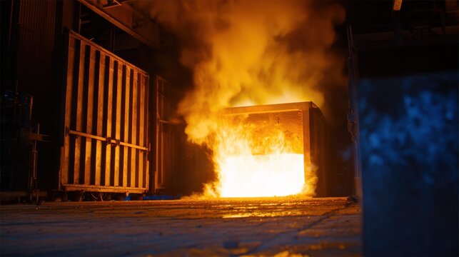 Medium shot of a gaspowered aluminum melting furnace in operation showcasing intense flames and glowing molten metal within an industrial setting. - Powered by Adobe