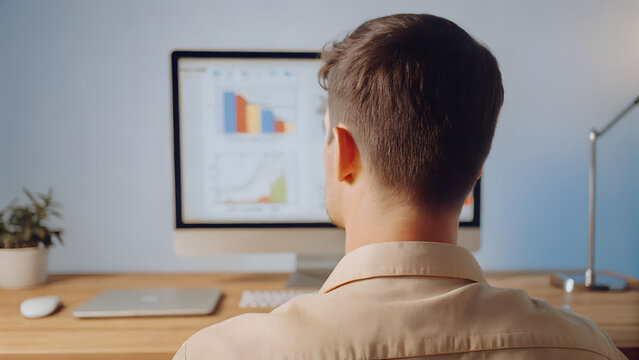 A focused professional economist studies a bright digital financial dashboard illustrating rising GDP growth curves powered by artificial intelligence investment, with sleek holographic charts. - Powered by Adobe