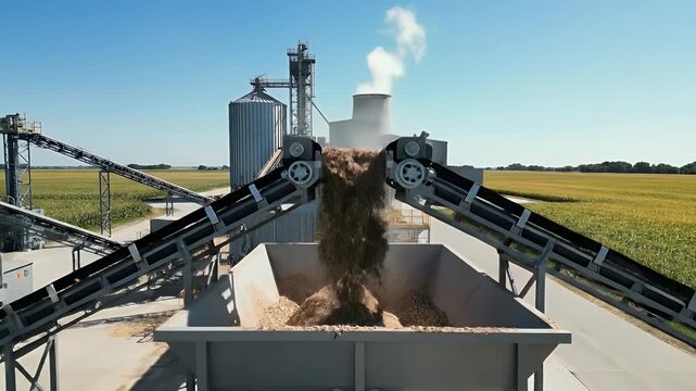 Agricultural biomass processing plant with conveyor belt transporting crop residue and large storage silos in rural landscape