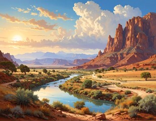 Fototapeta premium Vast landscape with a river winding near sandstone cliffs