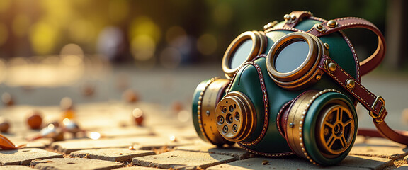 Steampunk gas mask with brass details on cobblestone path outdoors  