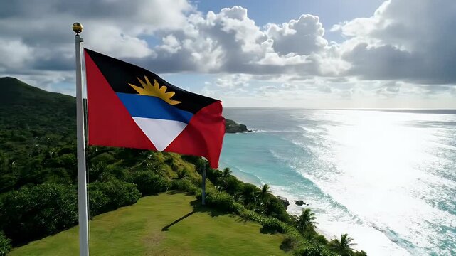 Antigua and Barbuda national flag waving on pole with tropical coastline and ocean in background, clear sky