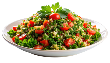 A vibrant tabbouleh salad, tomatoes, parsley, and grains, in a white serving bowl