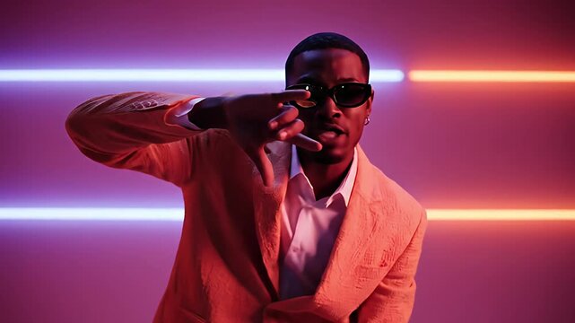 Stylish African American Man in Peach Suit Dancing in Pink Neon Studio Light
