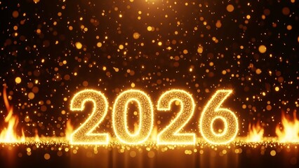 Glowing 2026 Sign with Sparks and Fire Effects.