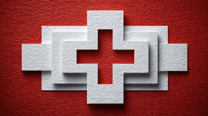 Abstract medical cross symbol on red background with textured paper effect