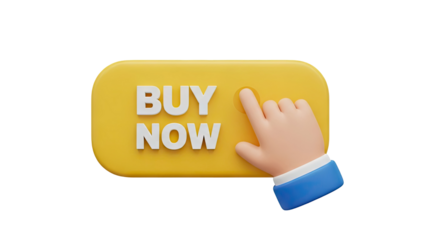 3D 'BUY NOW' button with hand clicking on it on transparent background