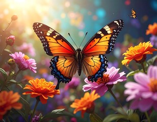Vibrant butterfly with open wings amidst colorful flowers, bathed in sunlight