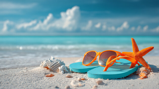 A pair of blue flip flops and orange sunglasses on a beach with a starfish and seashells
