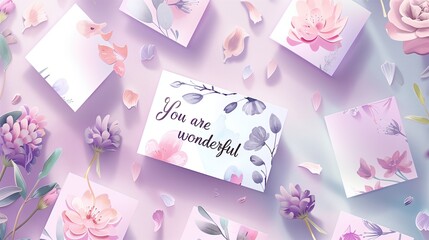 National Compliment Day: watercolor illustration of delicate compliment cards scattered artistically, each card featuring hand-lettered phrases like "You are wonderful" and "You make a difference",