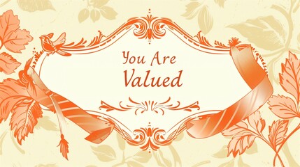 National Compliment Day: Retro vintage poster illustration style artwork with decorative frame and ribbon banner, inspirational compliment text "You Are Valued" in classic serif typography