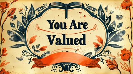 National Compliment Day: Retro vintage poster illustration style artwork with decorative frame and ribbon banner, inspirational compliment text "You Are Valued" in classic serif typography