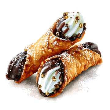 Cannoli in watercolor painting style, vector illustration on white background.
