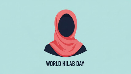 World hijab day awareness campaign with a woman wearing pink hijab on light blue background
