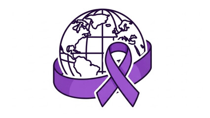 Purple ribbon wrapped around globe awareness symbol for health and support