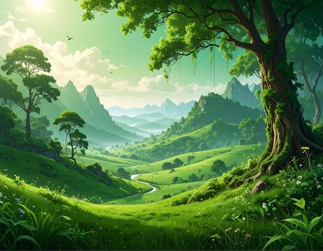 A vibrant vista showcases lush green hills, winding streams, and imposing mountains under a bright sunny sky with fluffy clouds - Powered by Adobe