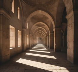 Fototapeta premium Perspective View of Ancient Stone Corridor with Rows of Arches and Dramatic Sunlight Shadows, archway in the old town
